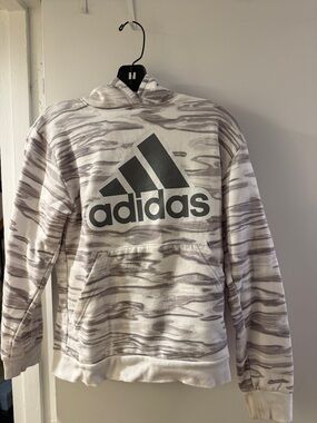 adidas Boys White & Gray Logo Pullover Hoodie